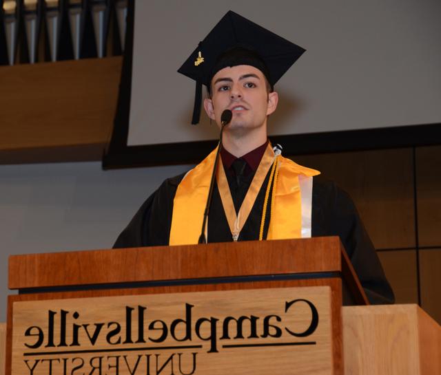    Cameron Michael Campbell speaks at Campbellsville University’s commencement. (Campbellsville University Photo by Linda Waggener)