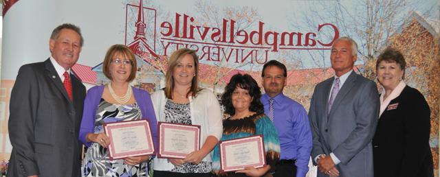 Campbellsville Independent School System teachers receive Campbellsville University Excellence in Teaching Awards from Dr. Brenda Priddy, dean of the School of Education, far left, and Dr. Frank Cheatham, vice president for academic affairs, far right. From left are: Mike Deaton, superintendent; Ricky Hunt, Campbellsville Elementary School principal; Cheryl Dicken of Campbellsville High School; Katie Irene Campbell of Campbellsville Middle School and Lynne A. Horn of Campbellsville Elementary School. (Campbellsville University Photo by Christina Kern)