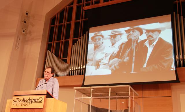 Jose Galvez speaks at the Ransdell Chapel on Campbellsville University's campus. (Campbellsville University Photo by Rachel DeCoursey)