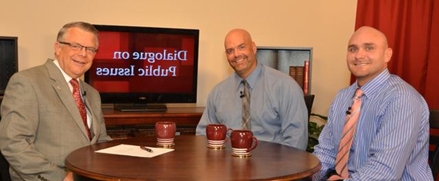 Campbellsville University’s John Chowning, vice president for church and external relations and executive assistant to the president of CU, right, interviews Brian Anthony and Shannon Gray from The Healing Place for his “Dialogue on Public Issues” show. The show will air Sunday, Sept. 22 at 8 a.m.; Monday, Sept. 23 at 1:30 p.m. and 6:30 p.m.; and Wednesday, Sept. 25 at 1:30 p.m. and 6:30 p.m. The show is aired on Campbellsville’s cable channel 10 and is also aired on WLCU FM 88.7 at 8 a.m. and 6:30 p.m. Sunday, Sept. 22. (Campbellsville University Photo by Drew Tucker)