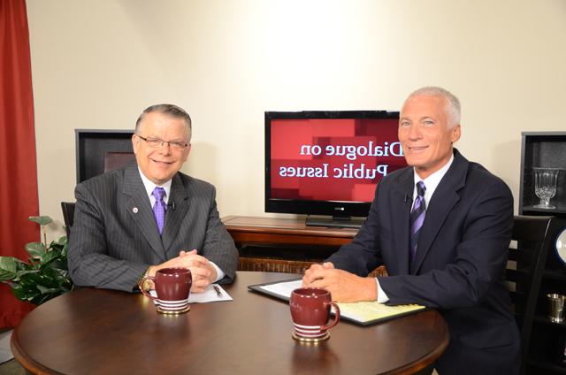 Campbellsville University’s John Chowning, vice president for church and external relations and executive assistant to the president of CU, right, interviews Mike Deaton, Campbellsville Independent Schools superintendent, on his “Dialogue on Public Issues” show on Campbellsville University’s WLCU-TV. Deaton is part of a series on “Education Today in Campbellsville and Taylor County.” The show will air Sunday, Aug. 12 at 8 a.m.; Monday, Aug. 13 at 1:30 p.m. and 6:30 p.m.; Tuesday, Aug. 14 at 1:30 p.m. and 6:30 p.m.; Wednesday, Aug. 15 at 1:30 p.m. and 6:30 p.m.; Thursday, Aug. 16 at 8 p.m.; and Friday, Aug. 17 at 8 p.m. The show is aired on Campbellsville’s cable channel 10 and is also aired on WLCU FM 88.7 at 8 a.m. Sunday, Aug. 12. (Campbellsville University Photo by Christina L. Kern)