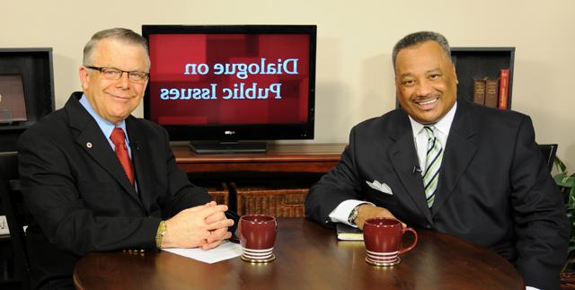 Campbellsville University’s John Chowning, vice president for church and external relations and executive assistant to the president of CU, right, interviews the Rev. Fred Luter, senior pastor of Franklin Avenue Baptist Church, New Orleans, La., who serves as the president of the Southern Baptist Convention, for his “Dialogue on Public Issues” show. The show will air Sunday, May 26 at 8 a.m.; Monday, May 27 at 1:30 p.m. and 6:30 p.m.; and Wednesday, May 28 at 1:30 p.m. and 6:30 p.m. The show is aired on Campbellsville’s cable channel 10 and is also aired on WLCU FM 88.7 at 8 a.m. and 6:30 p.m. Sunday, May 26. (Campbellsville University Photo by Ye Wei “Vicky”)