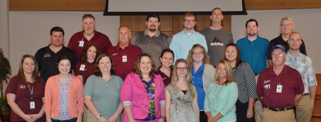 New staff members at Campbellsville University were recognized at the annual staff workshop Aug. 9. From left are: Front row – Beth Sprowles, Emily Cantwell, Brooke Gupton, Rebecca Price, Erin Johnson and Tami Dugas. Second row – Lloyd Wilds, Ashley Abner, Lindsey Hammers, Lindsey Hines, Terry Eastridge, Lisa Rosenthal and Lee Miracle. Back row – Steve Pike, Drew Tucker, Brent Vernon, Zach Smith, Paul Harmon and Jeff Garrett. (Campbellsville University Photo by Joan C. McKinney)